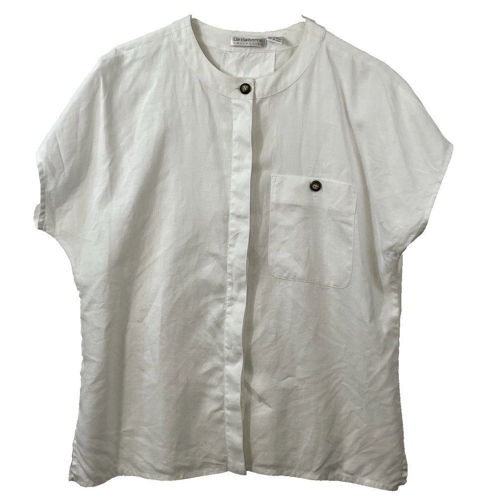 Liz Claiborne 100%‎ Linen Women's Blouse Size 12 White Button Up Lightweight